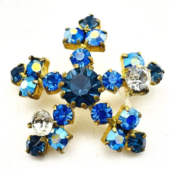 Vintage Crystal Blue Snowflake Pin Gold Tone Star Classic Career Cosplay LARP - Picture 1 of 6